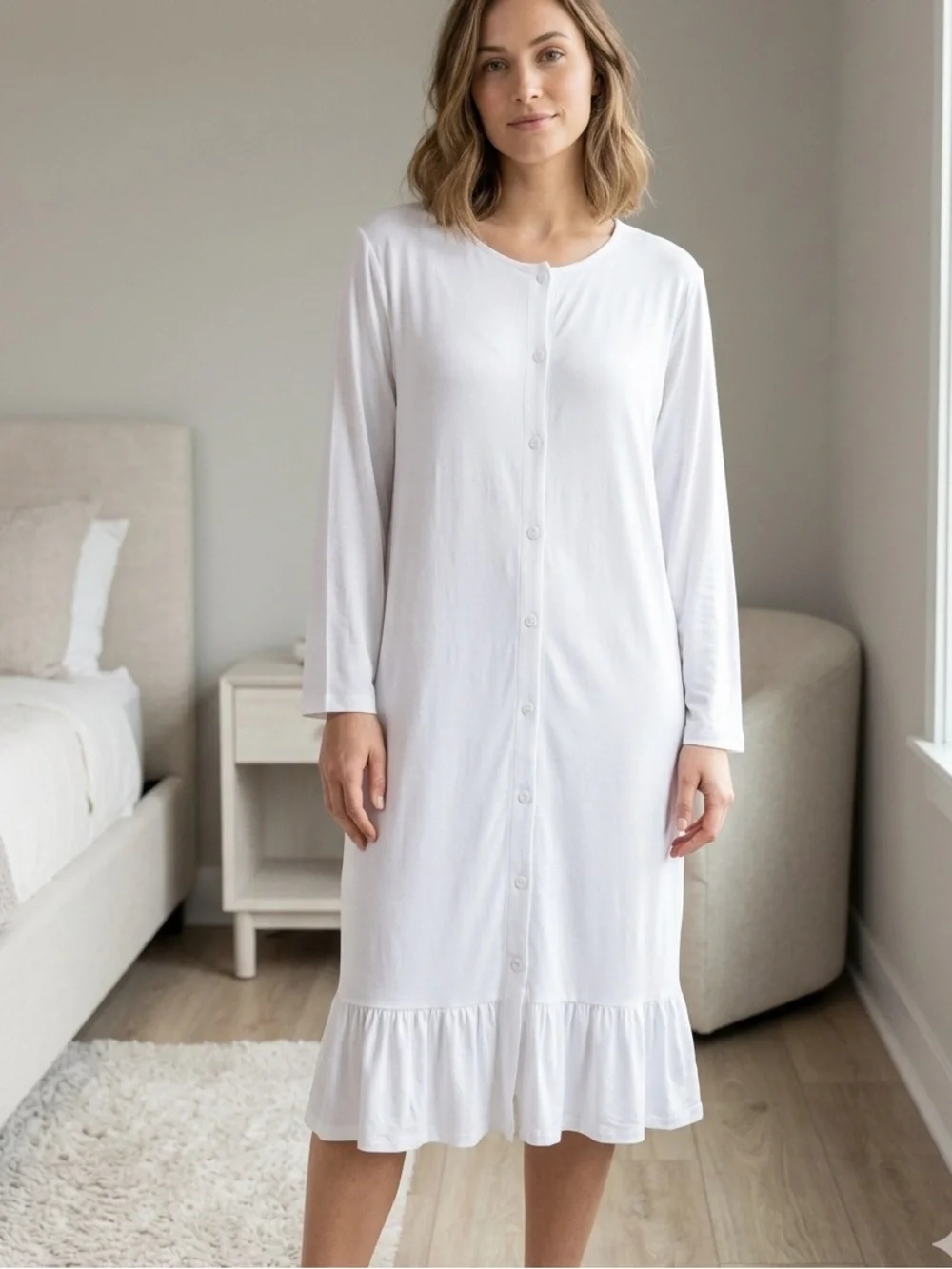 Alexander Del Rossa NWT white button front long sleeve nightgown Med